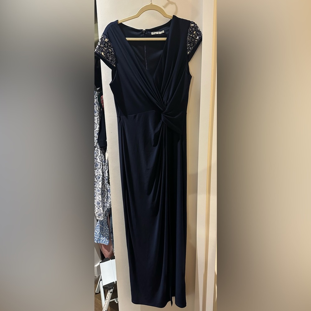Eliza J navy gown with beaded shoulders, size 10, only worn once!